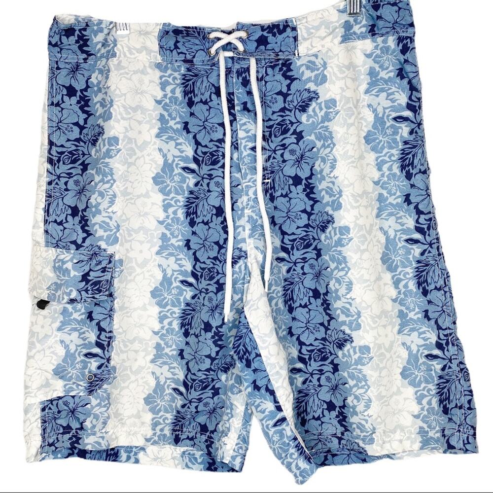 Men's Surfwaves Blue White Floral Board Swim Shorts Trunks 34